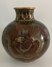 Antique Japanese Cloisonne Vase Brown Gold Fleck Dragon Motif