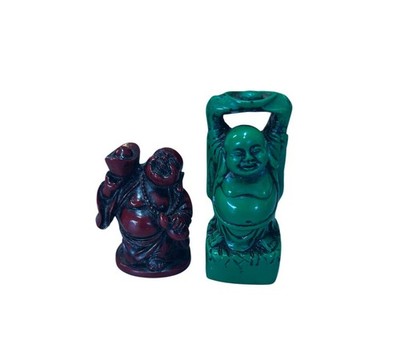 Set Of 2 Small Red Green Resin Buddhas Feng Shui Good Luck Fortune Happiness