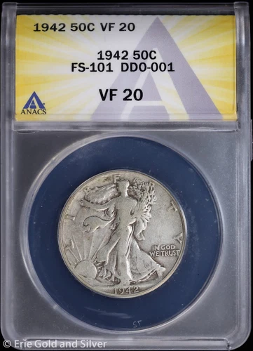 1942 50C Walking Liberty Half Dollar ANACS VF 20 | FS-101 DDO-001