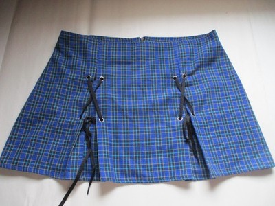 Morbid Threads Plaid Mini Skirt Jr M blue Gothic Punk VTG Y2K USA Lace-up gromet