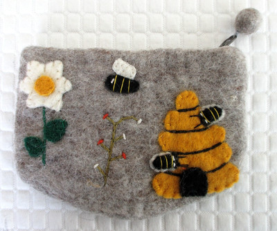 Hand Felted Zippered Pouch/Purse w Honey Bee Decoration - 6-1/2'' X 4-1/2'', New