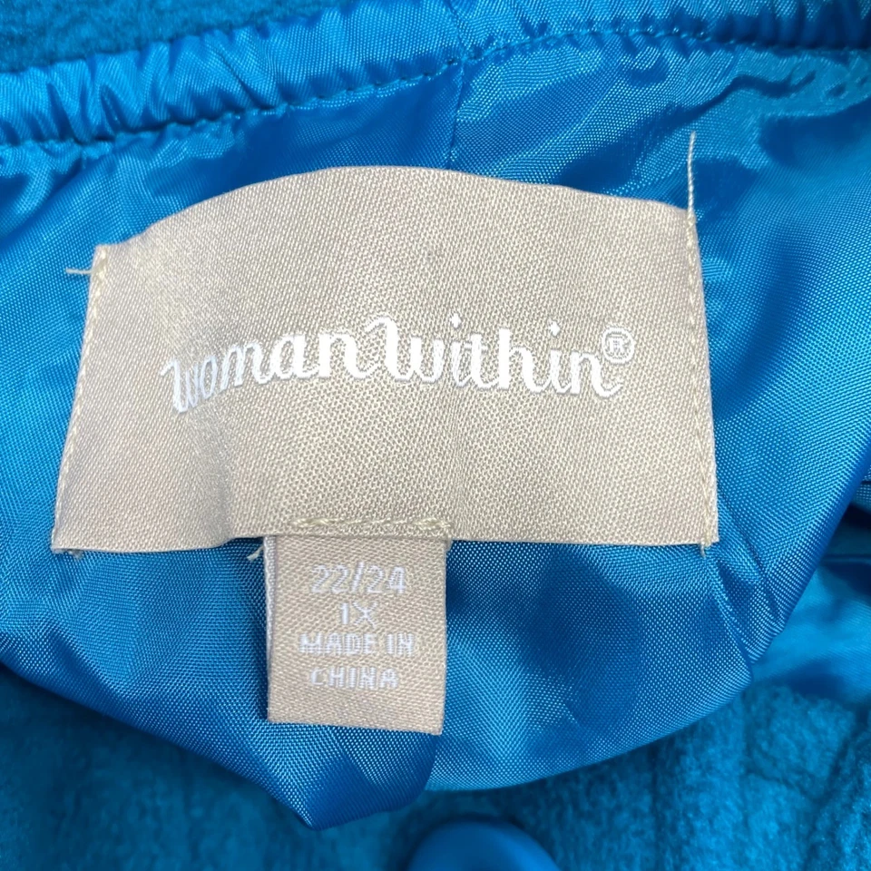 Woman Within 1X Teal Blue Fleece Button Front Stand Collar Coat Jacket Plus Size - Image 3 of 4