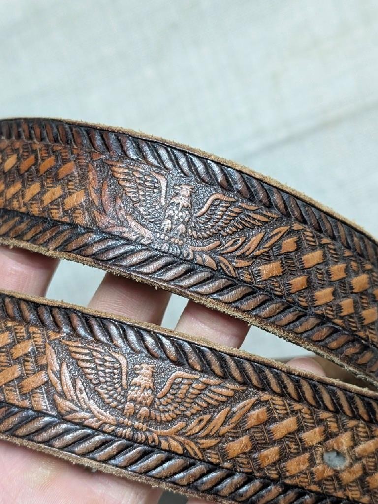 vintage TOOLED buckle belt EAGLE leather 30 cowhide WESTERN  display picture 3