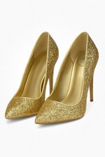 Essex Glam Gold Glitter Stiletto Heels – Pointed Toe Party Court Shoes- Size 5uk