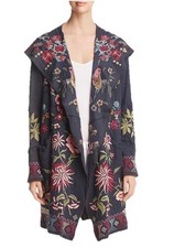 Johnny Was Biya Embroidered Floral Coat Charcoal Gray Hooded Duster Size XL NWOT