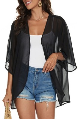 Women Chiffon Kimono Cardigan Sheer Beach Cover Up Open Front Shirt Black 3XL