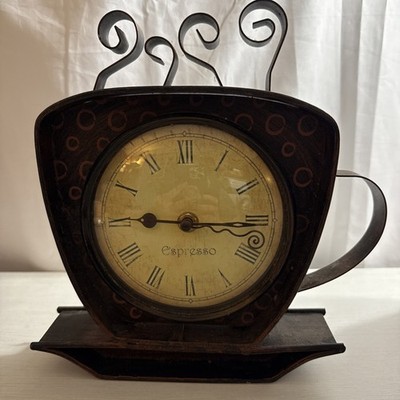 Rustic Metal Expresso Coffee Cup & Saucer Clock 9.25''tall & Wide 2  Deep Battery