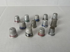 Vintage Lot Of 14 Sewing Thimbles Aluminium Silver Tone Metal Advertising