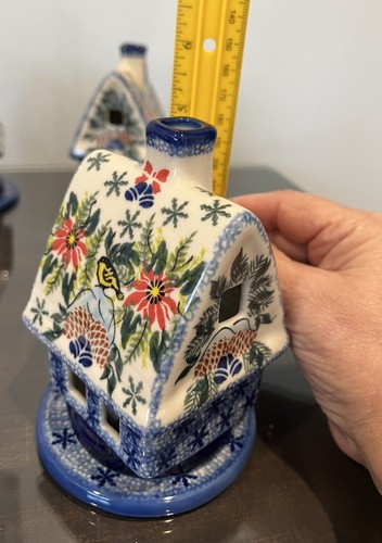 Lot Of 3 Polish Pottery Houses Tea Light Holder ~ 5.5" Tall Unikat ~ With COA - Picture 10 of 12