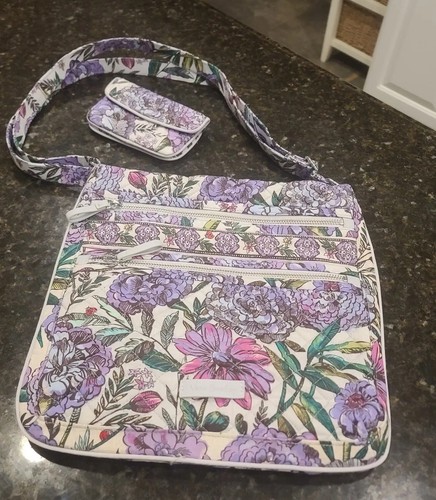 Vera Bradley Trio Triple Zip Hipster Purse Crossbody Purple Flowers & Wallet - Picture 5 of 11