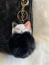 Calico cat bag charm Pom Pom Keychain Black Fluffy cute kawaii