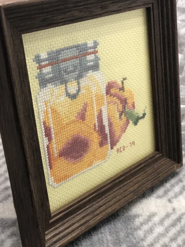 Vtg PEACH Cross Stitch Professionally Framed 1979, Canned Peaches, Perfect