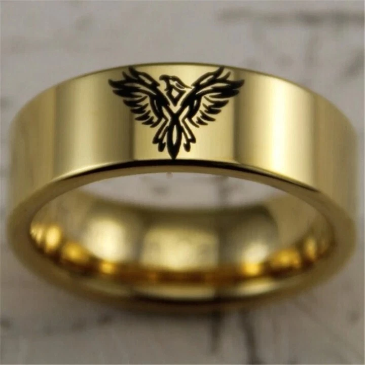 Anillo de carburo de tungsteno grabado diseño Fénix ejército militar color oro 8 mm Foto 4 de 4