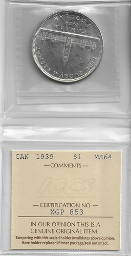 Canada 1939 Parliament Buildings $1 Silver Dollar, ICCS Certified MS64