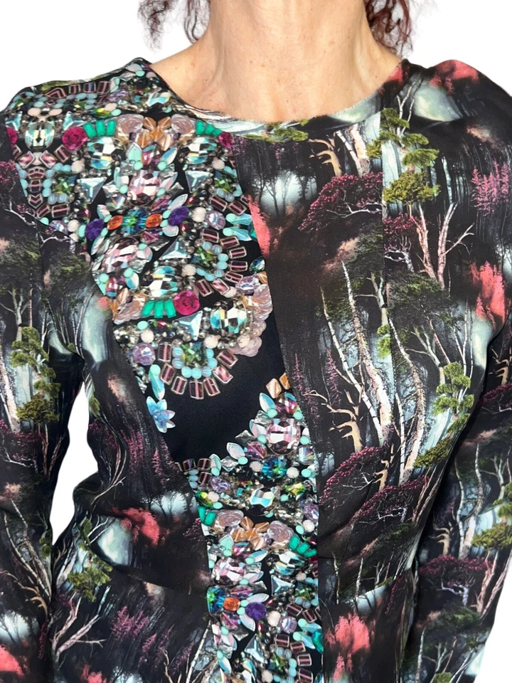 Artelier Nicole Miller GROUND 珠宝宝石印花荷叶边丝绸衬衫长袖 P — 第 4/4 张图片