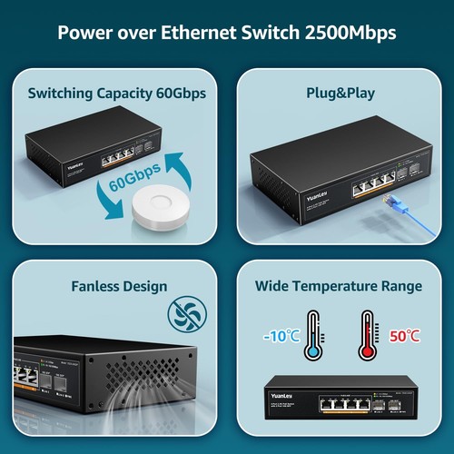 6 Port 2.5G PoE Switch Non Géré 4 Ports PoE 25G Base-T 2 x 10G SFP 802.3af/at... - Photo 6/7