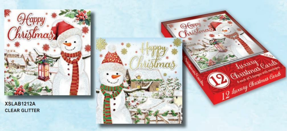 Christmas Card 12 Card Pack Box Square Traditional Snowman Scene 2 Designs Xmas