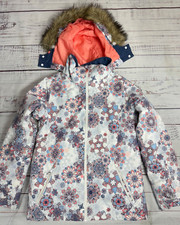 Roxy Girls Hooded Insulated Jacket Sz 16 XXL White Blue Print Faux Fur Hood Trim