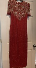 Vintage Lawrence Kazar Silk Beaded Red Evening Gown With Gold, Green, White Sz S