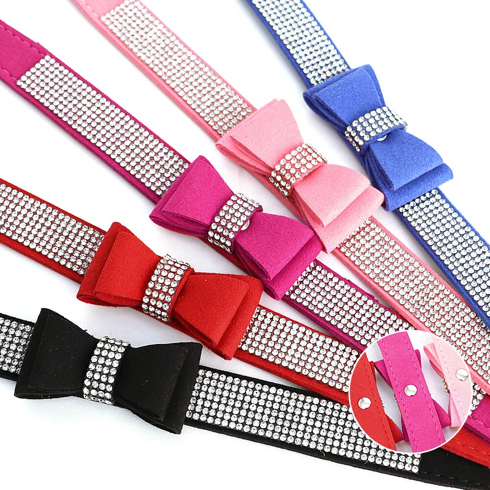 Галстук-бабочка со стразами ошейник для собаки и поводок мягкая замша кожа кошка щенок чихуахуа XXS  - Изображение 4 из 4