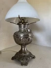 Vintage R & A Electrified Oil Lamp Nickel Plated with Milk Glass Shade W/Chimney