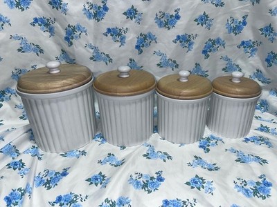 Preferred Stock Vintage White Ceramic Canister Set with Wood Lids
