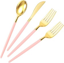 120Pcs Pink and Gold Plastic Silverware, Heavy Duty Plastic Silverware Includes