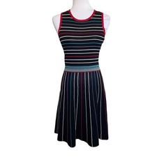 Parker Dress Black Striped Stretch Knit Sleeveless Fit Flare Dress Red Trim Sz S