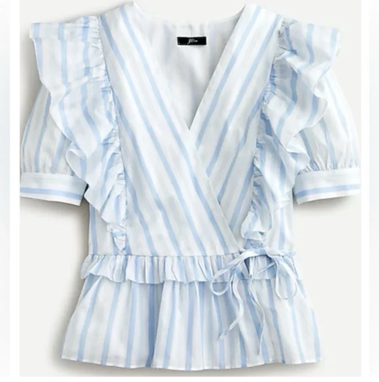 J Crew Womens S Blue White Wrap Top Blouse Stripe Ruffle Tie Cotton