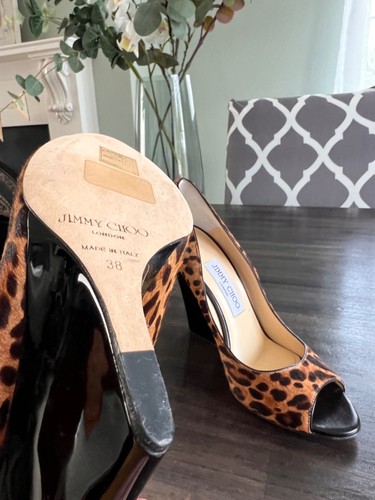Jimmy Choo Peep Toe Wedges In Leopard Print Suede With Patent Heel - UK 5 - Picture 7 of 10