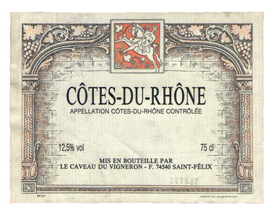 45/24 Etikett LABEL of CÔTES DU RHÔNE Caveau du Vigneron Ecuyer Chevalier