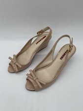VTG Prada Patent Leather Wedge Slingback Peep Toe Heels Nude Tan Bow Size 36