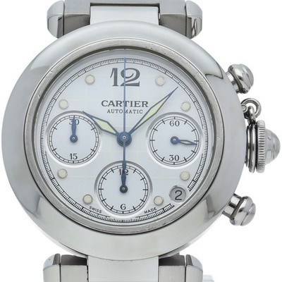 CARTIER Pasha C Chronograph Uhr W31039M7 Edelstahl Herrenuhr Weiß GEBRAUCHT