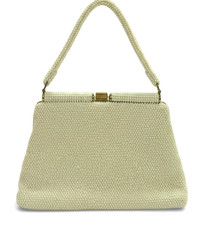 VTG LUMURED CORDE-BEAD Ivory BEADED Spring Frame EVENING Handbag Purse w/MIRROR