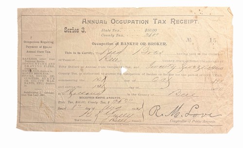 1899 Bell County Texas Annual Occupation Tax Receipt