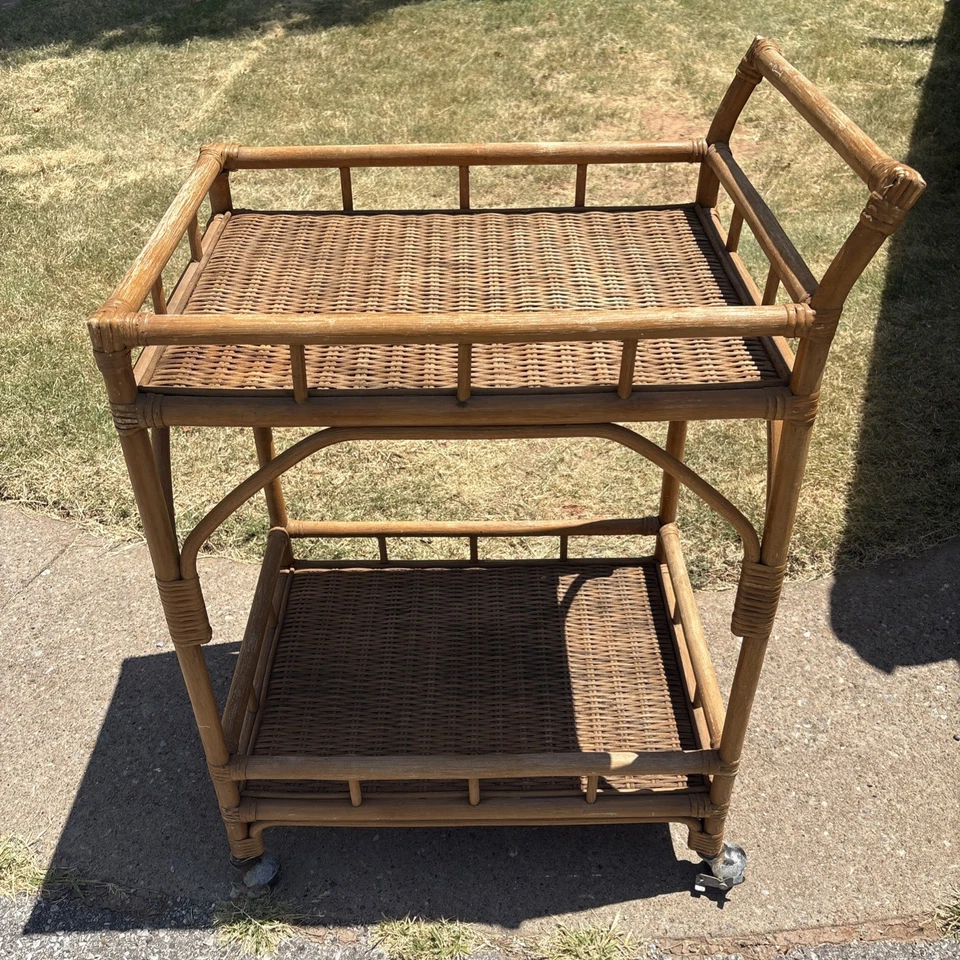Mid-Century Wicker Rattan Drink Cart Tea Trolley Bar Cart Boho Chic 36hX26wX18d - Image 2 of 4