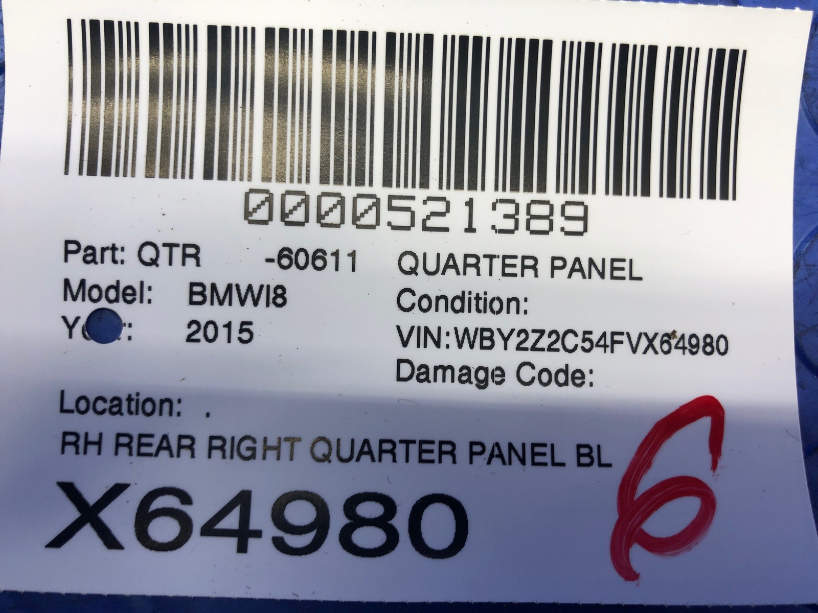 2014 2015 2016 2017 2018 2019 Bmw I8 REAR RIGHT QUARTER PANEL BLACK oem