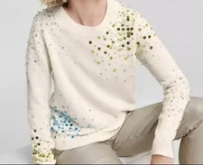 NWT Charter Club 100% Cashmere Sequin Embellished Sweater Vanilla Size L  $219