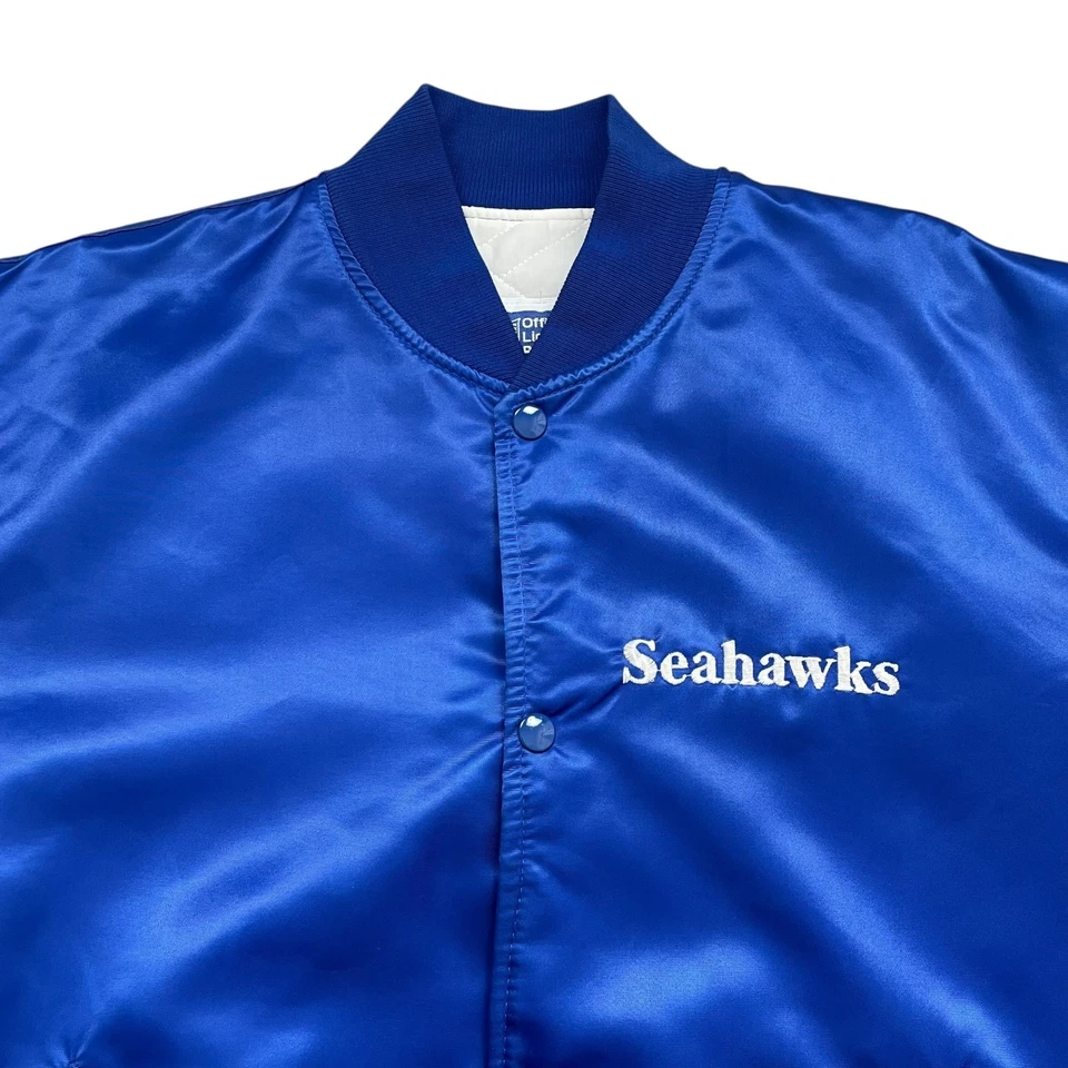 VTG 90s NFL SEATTLE SEAHAWKS STARTER SATIN BOMBER JACKET BLUE SIZE L MADE IN USA - Image 2 of 4
