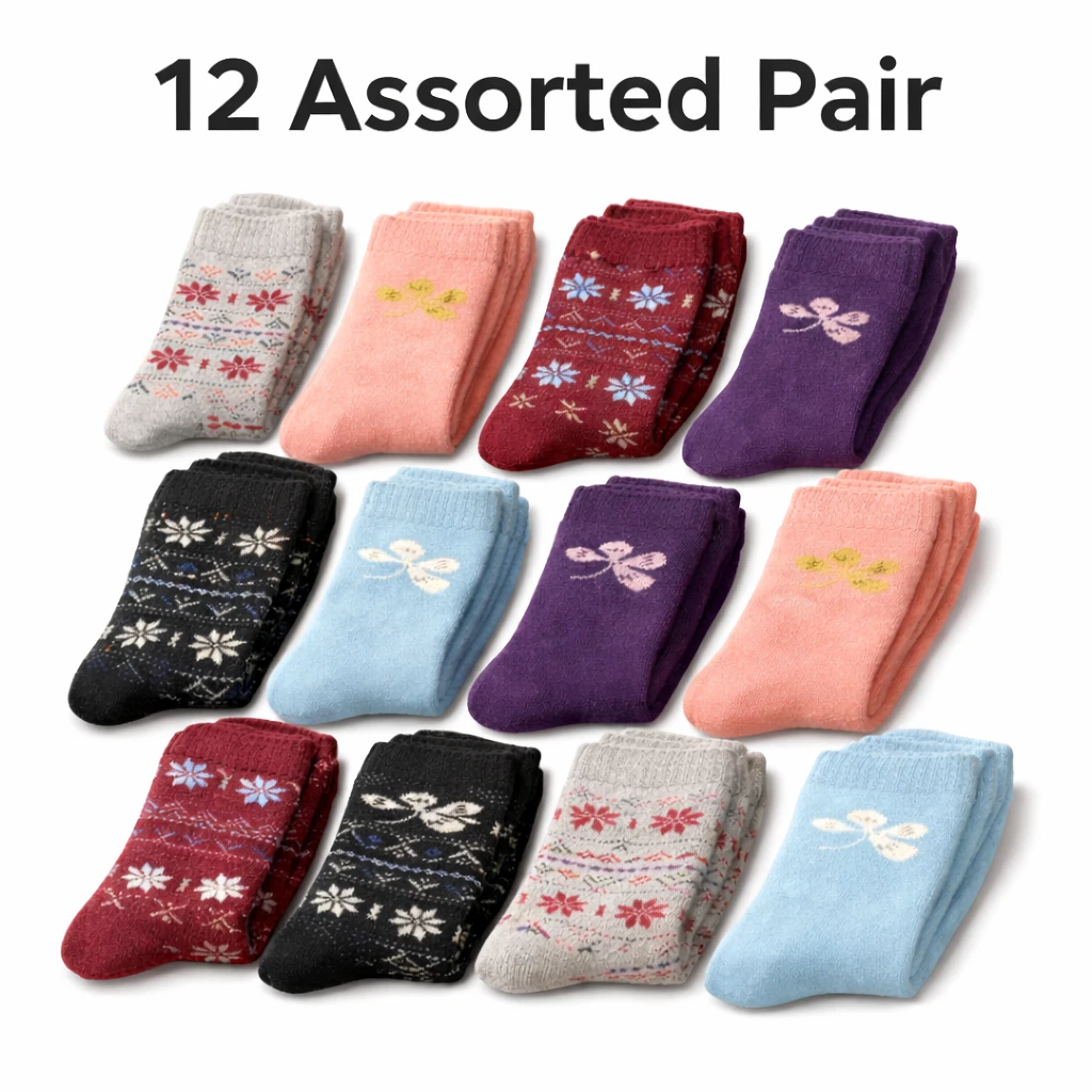 12 Pair Women’s Lamb Wool Crew Socks Warm All Season Crew Boot Socks Assorted
