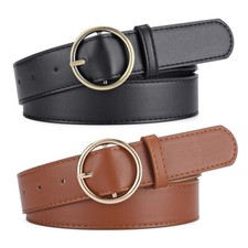 Women Skinny Solid Metal Round Buckle Faux Leather Narrow Waist Belt Waistband