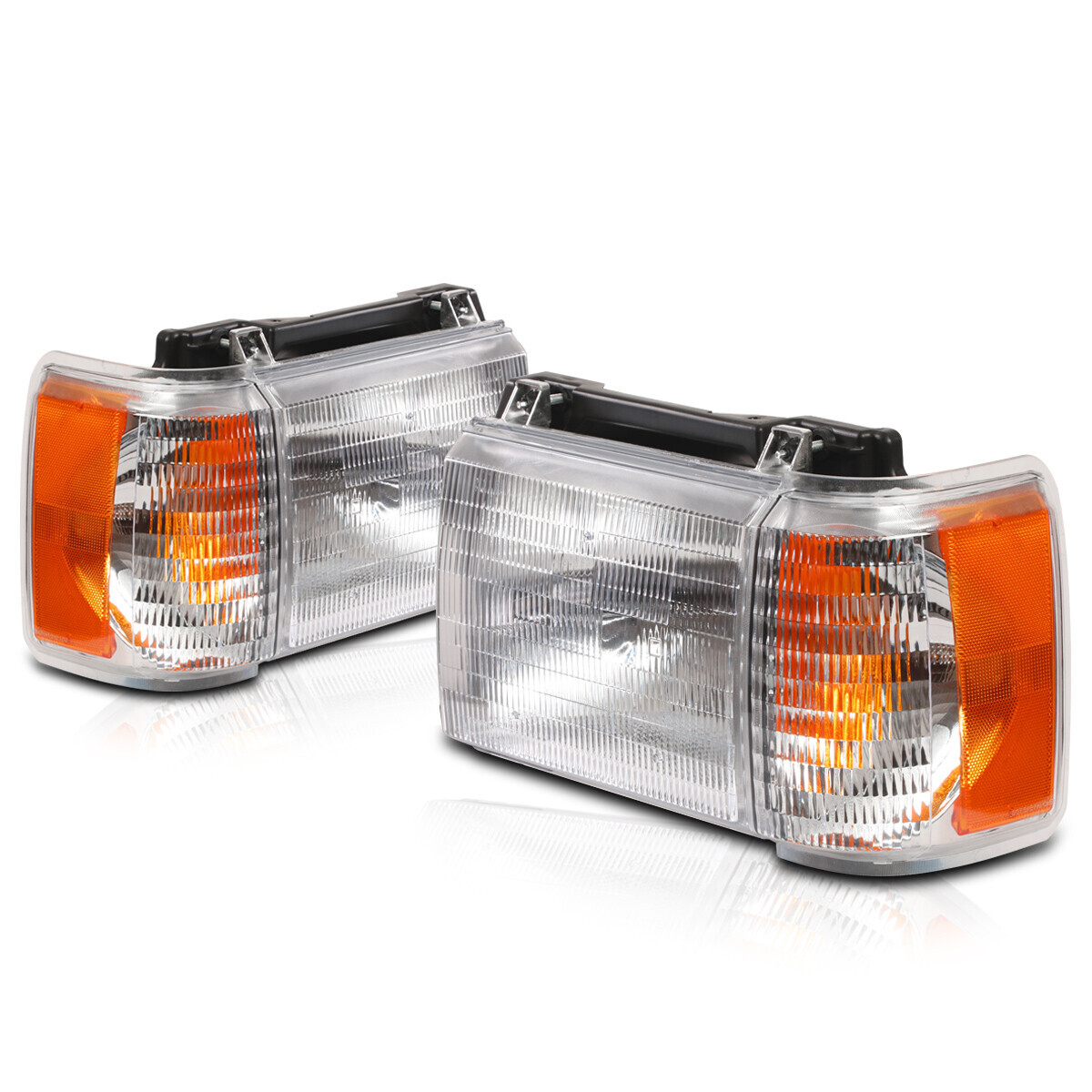 Chrome Housing Amber Corner Headlight Lamps For 1987-1991 Ford F150 F250 F350 Bronco – OE Style 5 thumbnail image