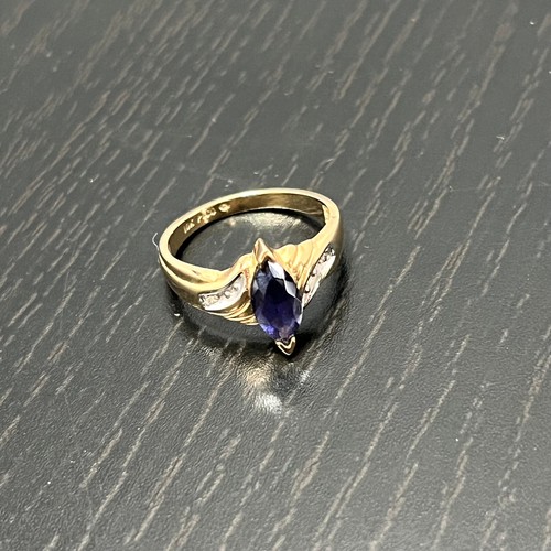 Anillo vintage de diamantes y iolita marquesa de oro amarillo macizo de 10 quilates PSCO 2,15 g talla 7 - Imagen 4 de 12