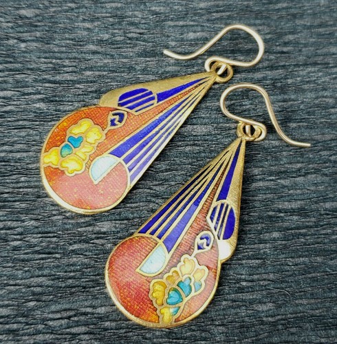 Older VNTG Cloisonne Earrings Deco Floral Pierced Dangle Gold Filled Wires 1 Pr - Picture 3 of 17