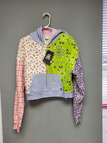 Teddy Fresh Women's Patchwork Zip-Up Crop-fit Hoodie Pastel Floral Large - Picture 12 of 15