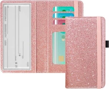Checkbook Cover RFID Leather Holder for Women/Men Glitter Rose Gold