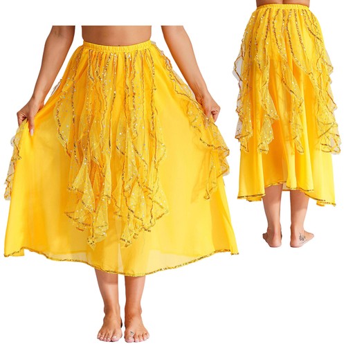 Women Girls Belly Dance Chiffon Skirt Gold Trim Sequin Long Skirt Dancewear - 第 19/84 張圖片