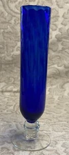 Vintage Cobalt Blue 8" Glass Bud Vase On Clear Pedestal Base 