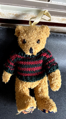 VYG Lillian Vernon Plush Jointed Bear  Striped Holiday Sweater  Ornaments 7. 5''