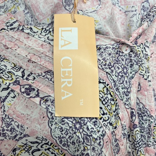 La Cera Blouse Womens Size Large Pink Damask Print Rayon V Neck Long Sleeve - Picture 11 of 12